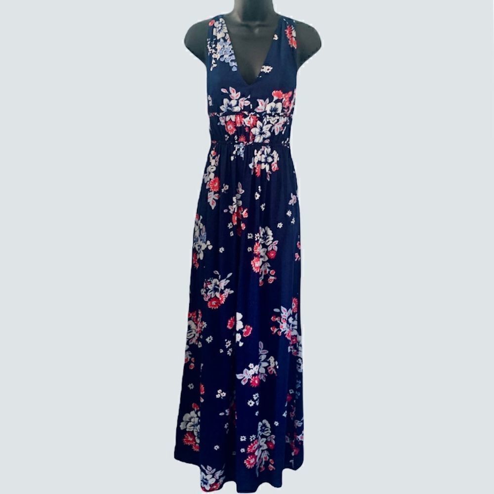 Japna Navy Blue Hawaiian Floral Print Maxi Dress Size XS